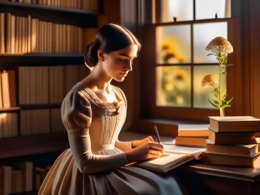 En una habitación iluminada por el sol, la joven Emily Dickinson reflexiona rodeada de libros y materiales de escritura