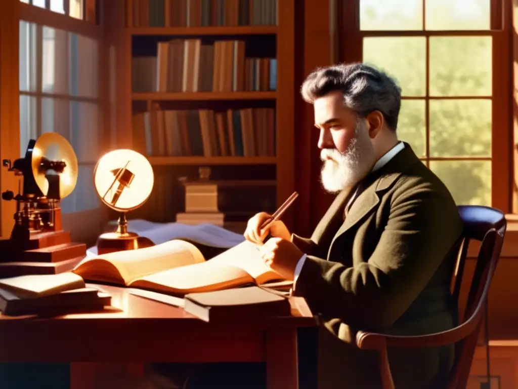 En una habitación soleada, un joven Alexander Graham Bell estudia un libro entre instrumentos científicos