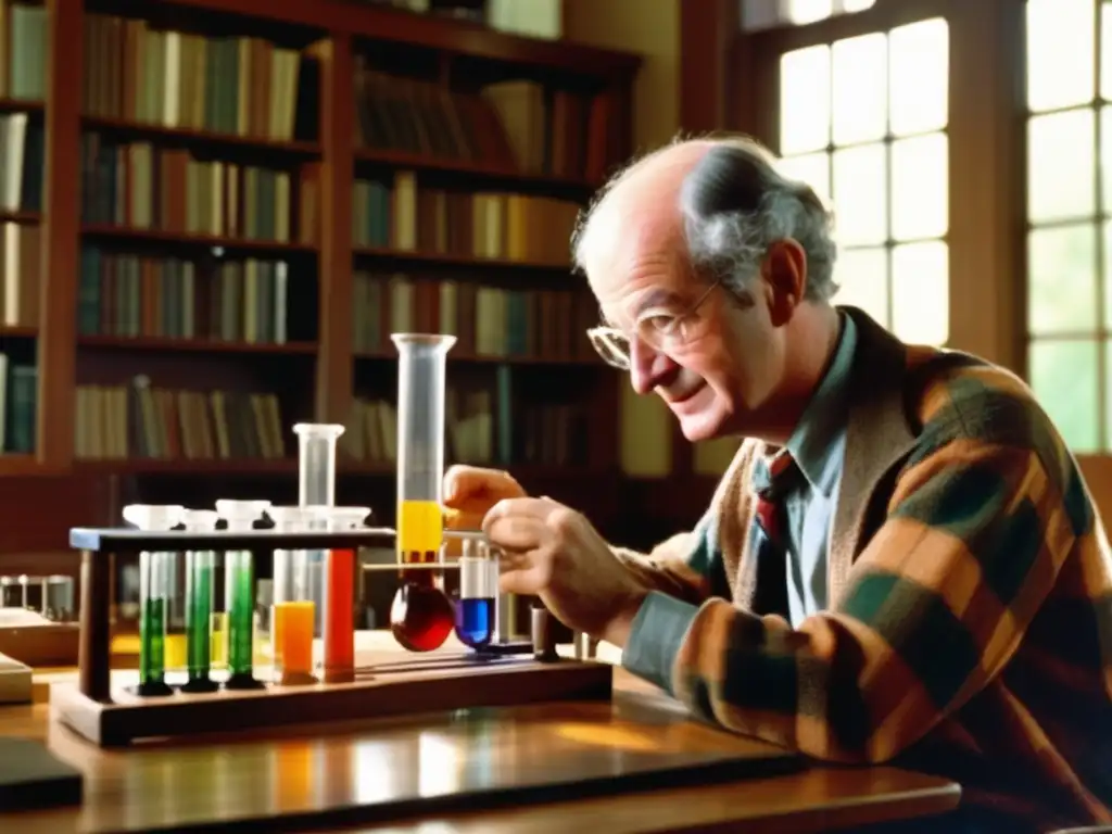 En una habitación soleada, Linus Pauling vierte líquidos coloridos de un tubo de ensayo a otro, rodeado de libros y equipo científico