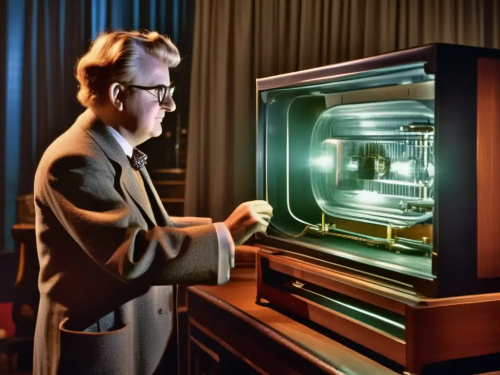 En una habitación tenue, John Logie Baird ajusta su invención de televisión mecánica mientras los espectadores maravillados observan