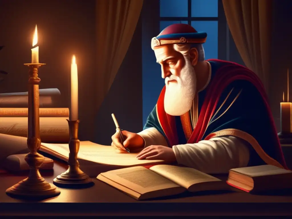 En una habitación tenue, Josephus Flavius escribe rodeado de antiguos pergaminos y artefactos, iluminado por una vela