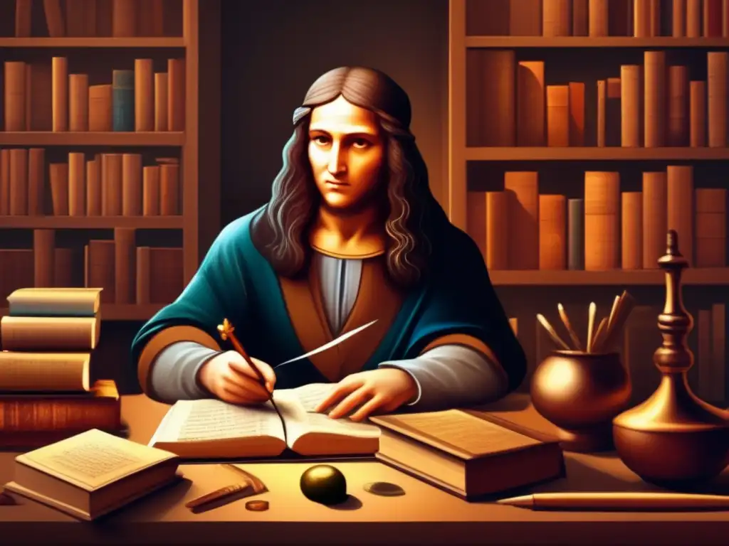 En una habitación tenue, un joven Leonardo da Vinci se sumerge en sus dibujos y libros, cautivado por el arte y la ciencia