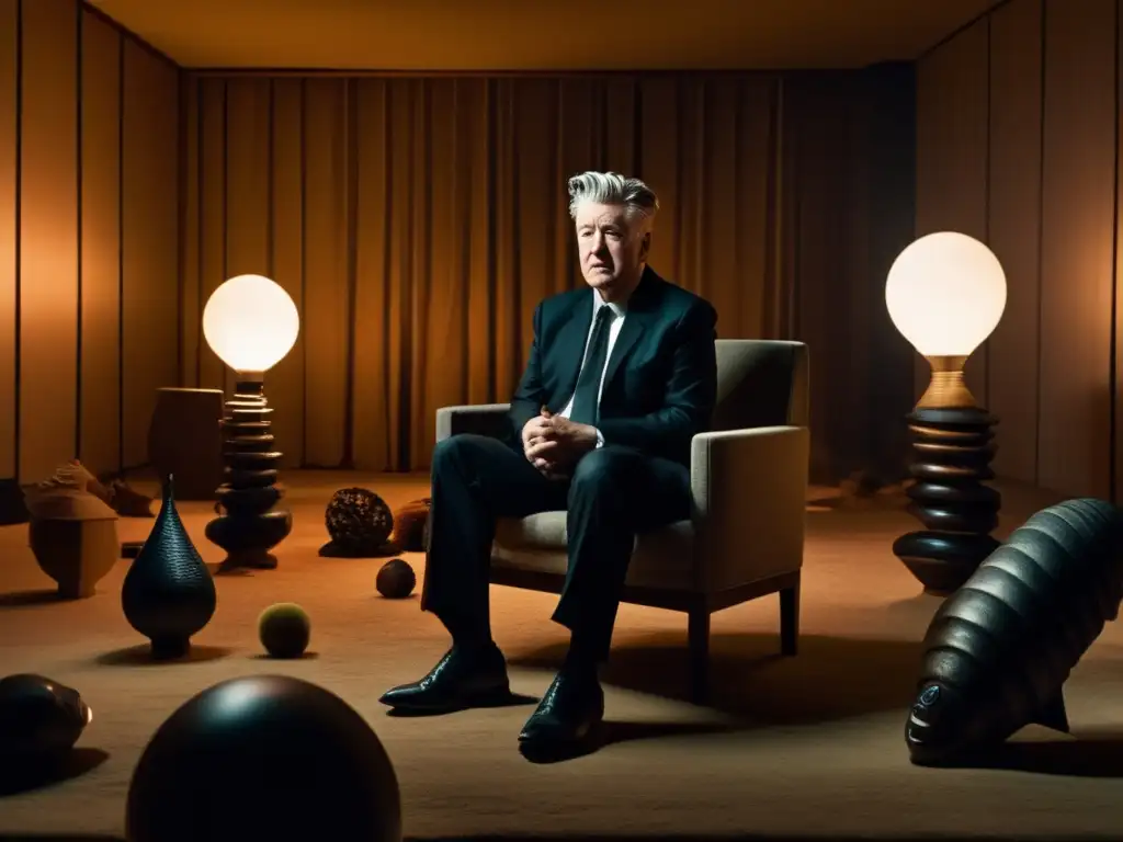 En una habitación tenue, David Lynch se concentra intensamente entre objetos surreales y perturbadores