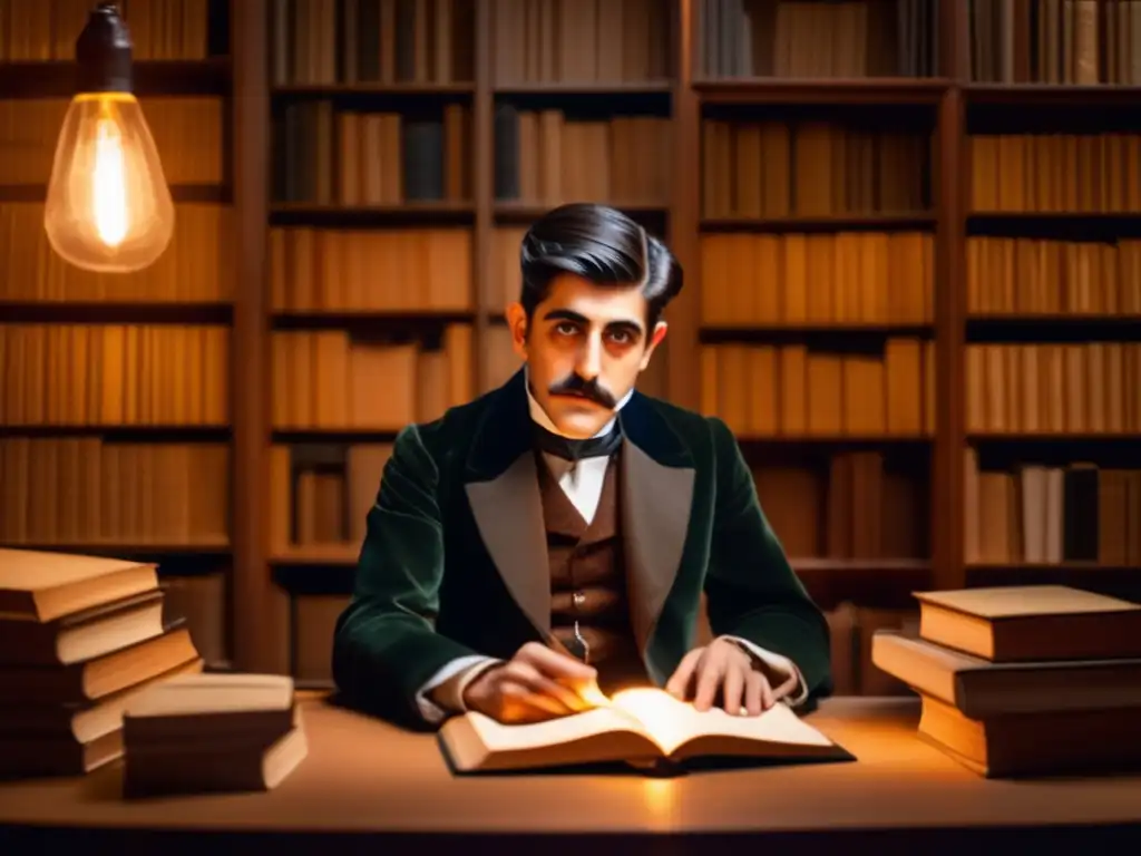 En una habitación tenue, Marcel Proust se sumerge en la introspección mientras examina un antiguo volumen encuadernado en cuero