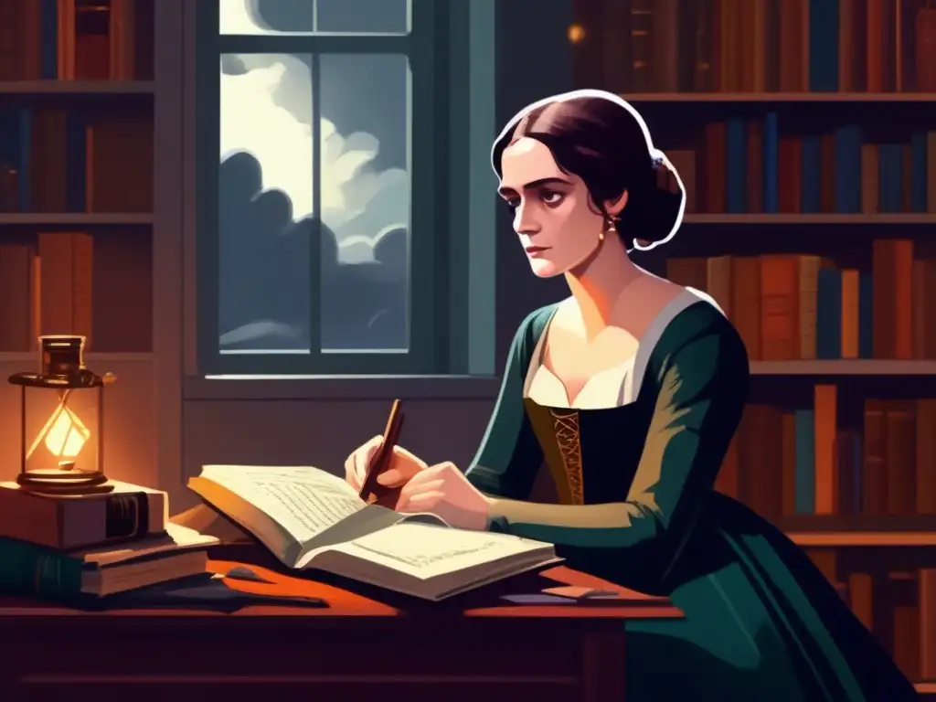 En una habitación tenue, Mary Shelley contempla la tormenta, rodeada de libros y utensilios científicos, inmersa en pensamientos creativos