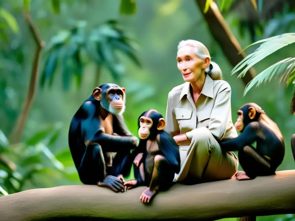Jane Goodall se sienta entre chimpancés en su hábitat natural, mostrando el comportamiento de los chimpancés en su biografía