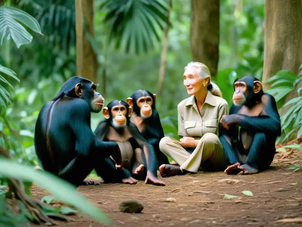 Jane Goodall se sienta entre chimpancés en su hábitat natural, estableciendo una conexión profunda