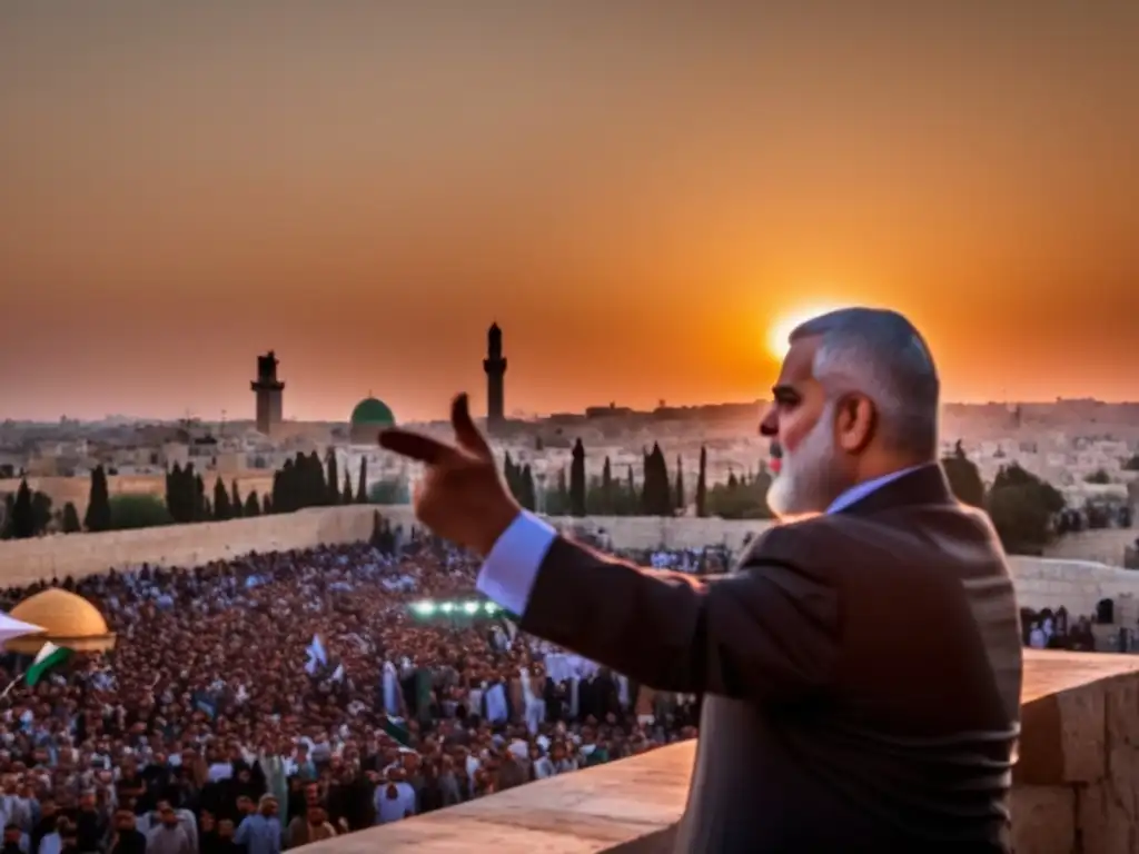 Ismail Haniyeh de Hamas con visión para Palestina, en un discurso frente al horizonte de Gaza al atardecer