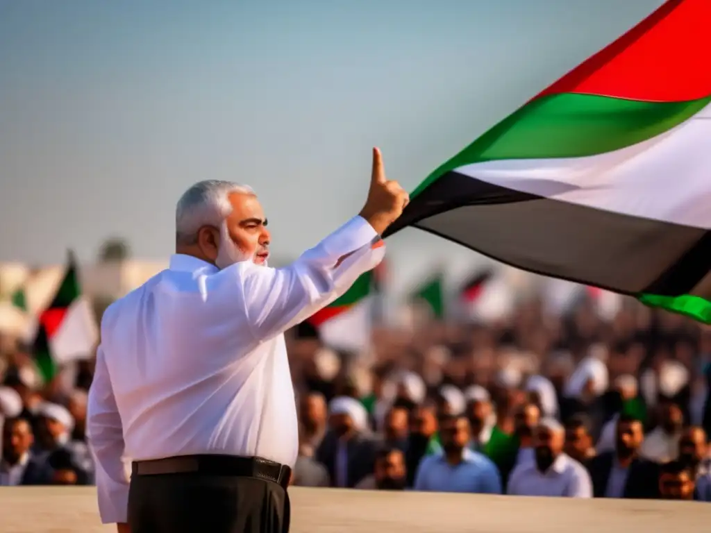 Ismail Haniyeh liderando con determinación y esperanza, entregando un apasionado discurso con la bandera palestina ondeando al fondo