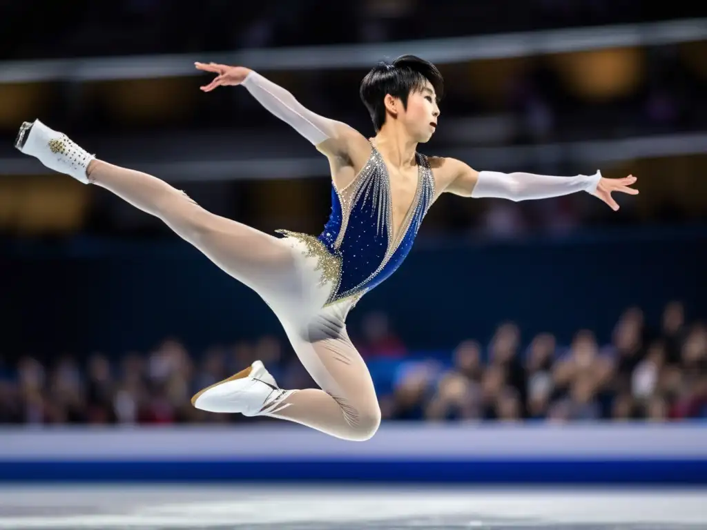 Yuzuru Hanyu ejecutando una rutina de patinaje artístico, con influencia artística palpable