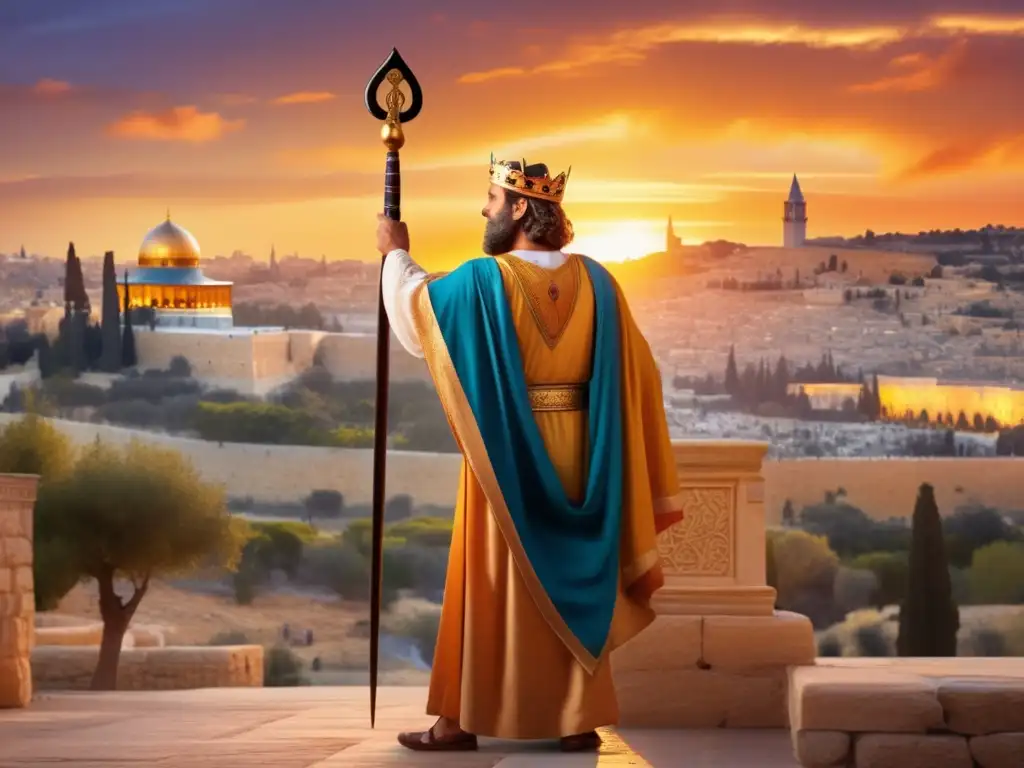 Rey David: Sabiduría y Poder en Jerusalén - Arte Cristiano Rey David en Jerusalén, con harpa y espada, reflejando su legado en la tradición judía