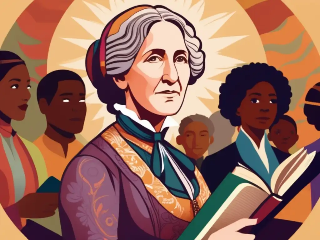 Harriet Beecher Stowe impacto social: Ilustración digital moderna de Stowe rodeada de personas diversas, todas con libros, en animadas discusiones