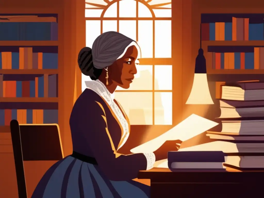 Harriet Beecher Stowe concentrada escribiendo 'La cabaña del tío Tom', rodeada de libros y papeles, iluminada por la luz del sol