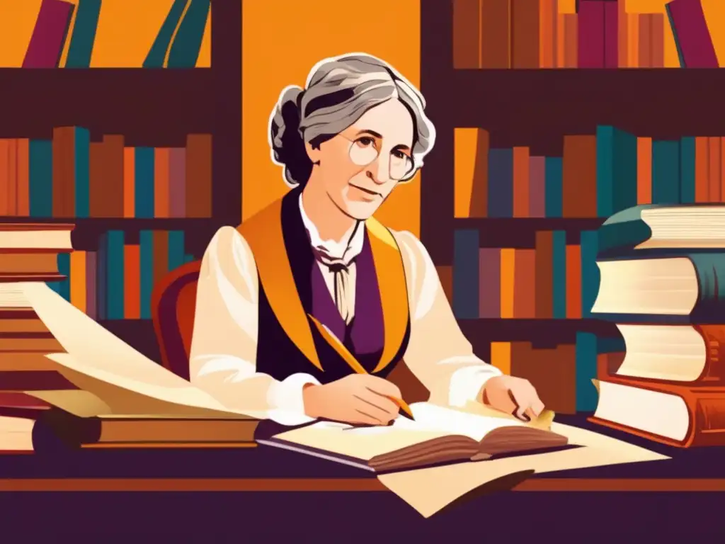 Harriet Beecher Stowe concentrada en su escritorio, rodeada de libros y papeles, bañada en cálida luz natural