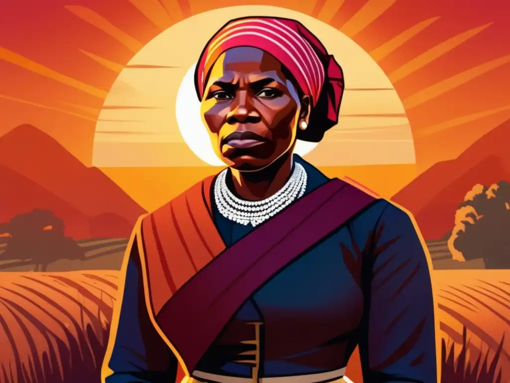 Harriet Tubman lucha incansable por la libertad, con el sol poniéndose detrás de ella mientras mira hacia el horizonte