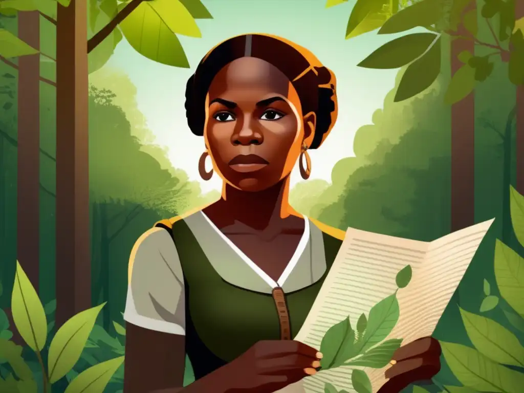 En el bosque, Harriet Tubman sostiene una linterna y un mapa, simbolizando su papel crucial en el ferrocarril subterráneo
