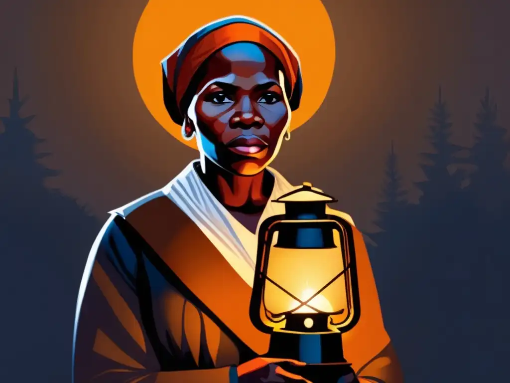 Harriet Tubman irradia determinación, sosteniendo una linterna y un rifle en la oscuridad, simbolizando su lucha incansable por la libertad