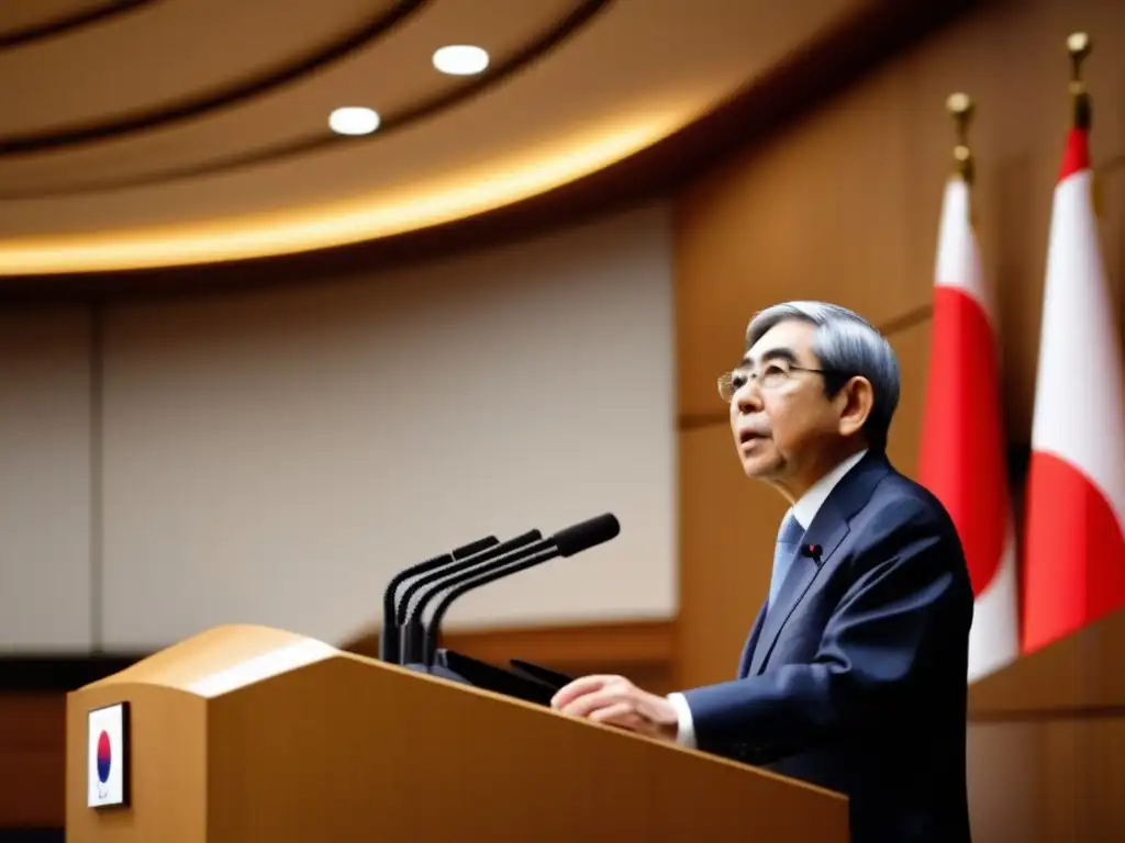 Haruhiko Kuroda pronuncia un discurso en el Banco de Japón, reflejando sus estrategias innovadoras para combatir la deflación