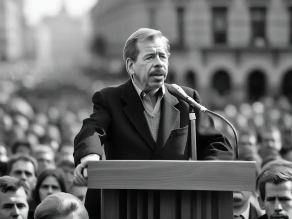 Vaclav Havel presidente pronuncia un apasionado discurso frente a partidarios y opositores, reflejando determinación y liderazgo