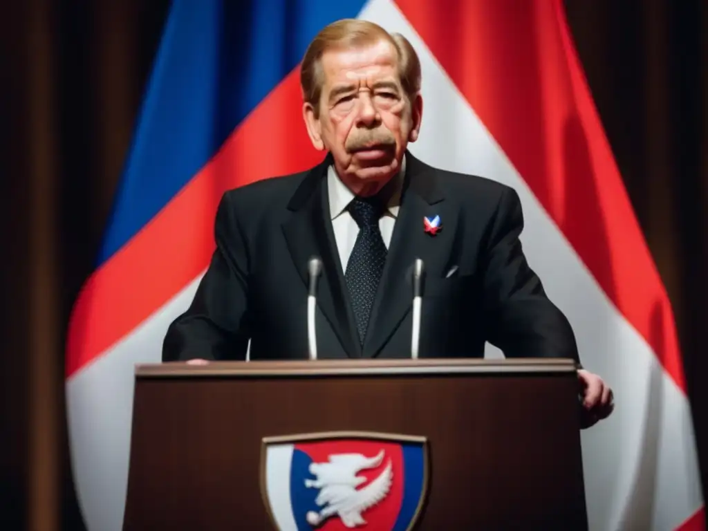 Vaclav Havel presidente dando un apasionado discurso desde el podio presidencial, con la bandera checa de fondo