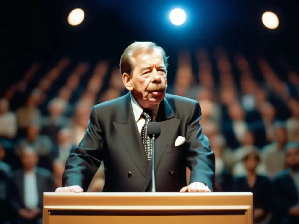 Vaclav Havel presidente ofrece un apasionado discurso en un auditorio moderno y lleno de gente