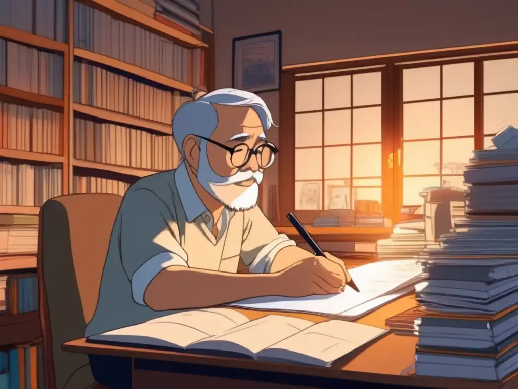 Hayao Miyazaki, rodeado de bocetos y storyboards, crea con pasión