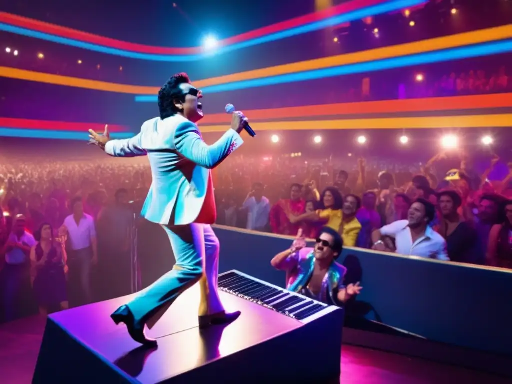 Héctor Lavoe revolucionando la salsa en un escenario, con luces y fans, capturando su impacto en la biografía de la música latina