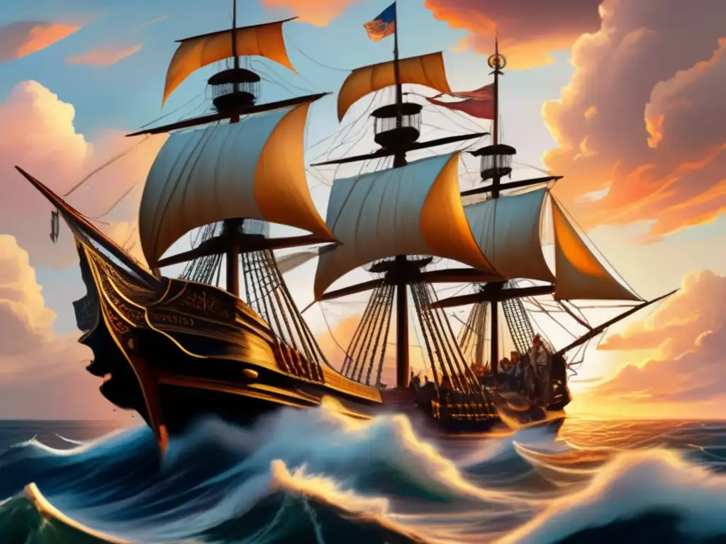 Los Hermanos Pinzón navegando con Colón: una pintura digital detallada captura su determinación en alta mar al atardecer