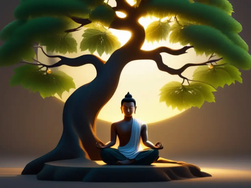 Una hermosa representación artística de Shinran meditando bajo un árbol Bodhi, con una suave luz etérea que irradia calidez sobre la escena