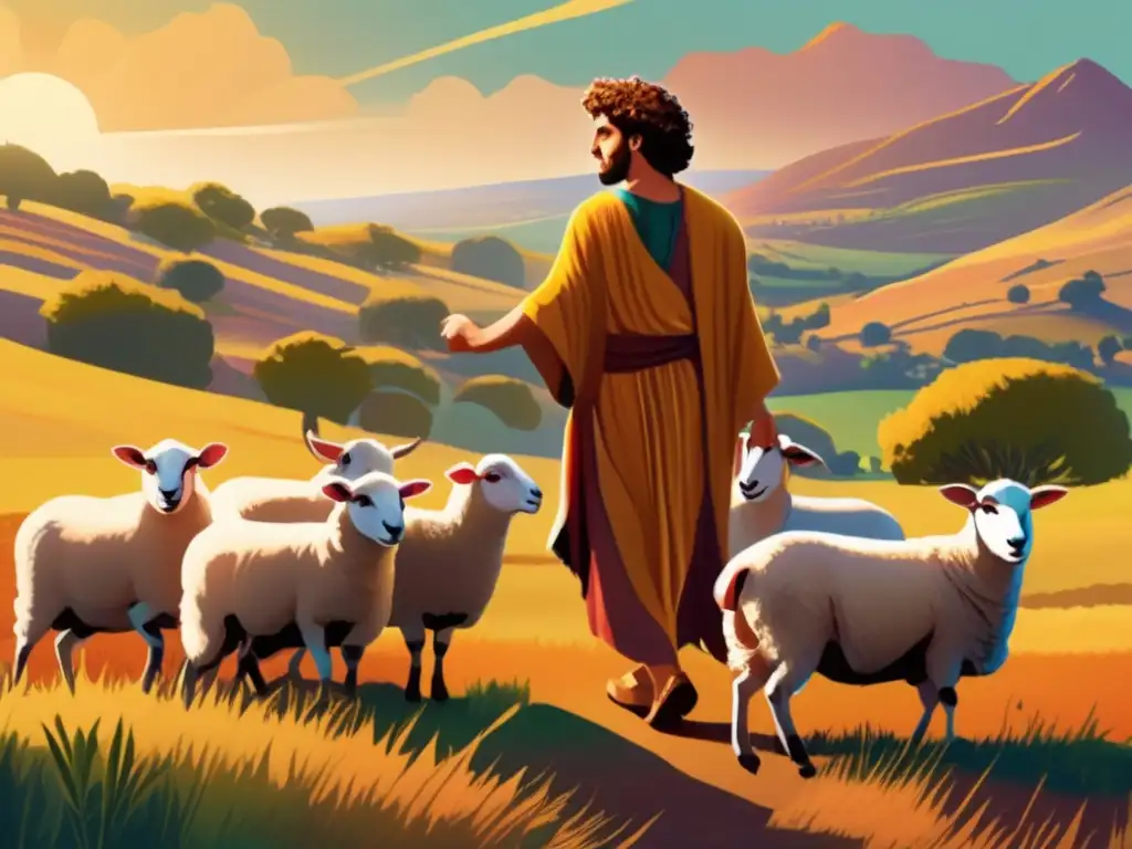 Pastor David cuidando ovejas: ilustración digital vibrante - Una hermosa ilustración digital muestra a un joven David cuidando su rebaño en las exuberantes colinas de la antigua Judea