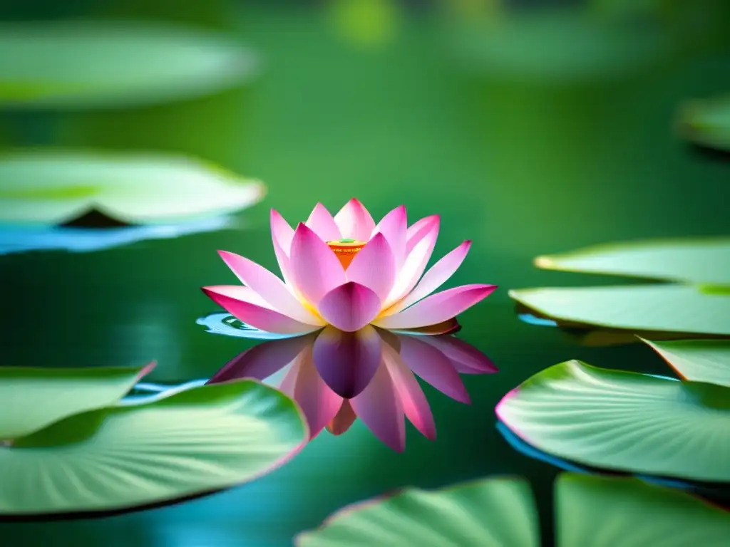 Belleza serena: loto rosado en estanque Una hermosa flor de loto rosa flota en un estanque tranquilo, reflejando paz y vacuidad de la existencia según Nagarjuna