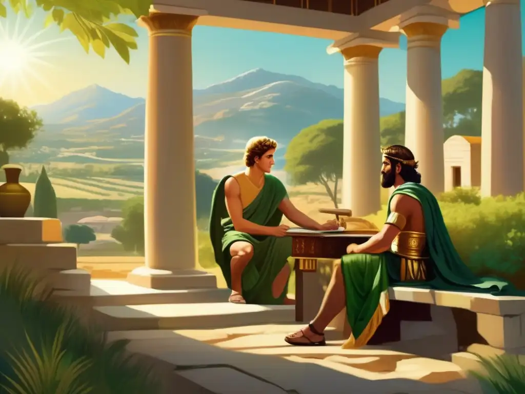 En una hermosa pintura digital, Alejandro Magno recibe lecciones de Aristóteles en Macedonia