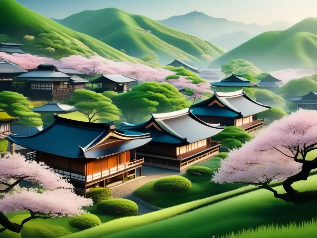 Ultrarresolución: Aldea japonesa entre montañas verdes- Un hermoso pueblo japonés entre montañas verdes, con casas de arquitectura detallada y cerezos en flor