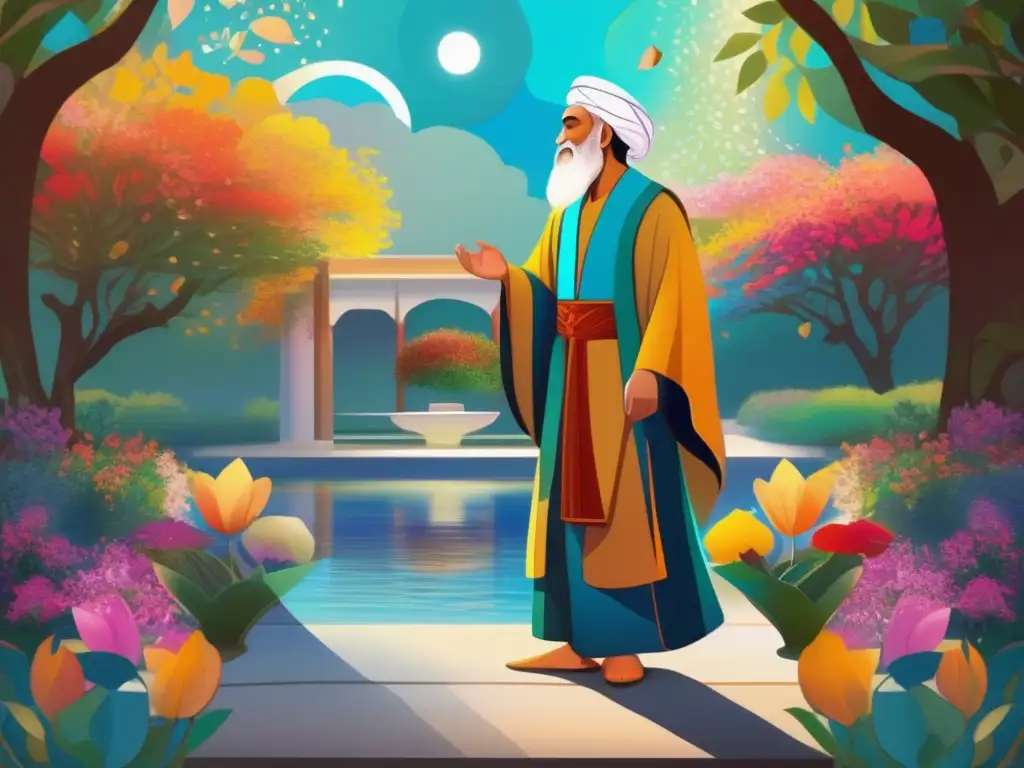 Un hermoso retrato digital de Rumi en un jardín tranquilo, rodeado de flores coloridas y agua