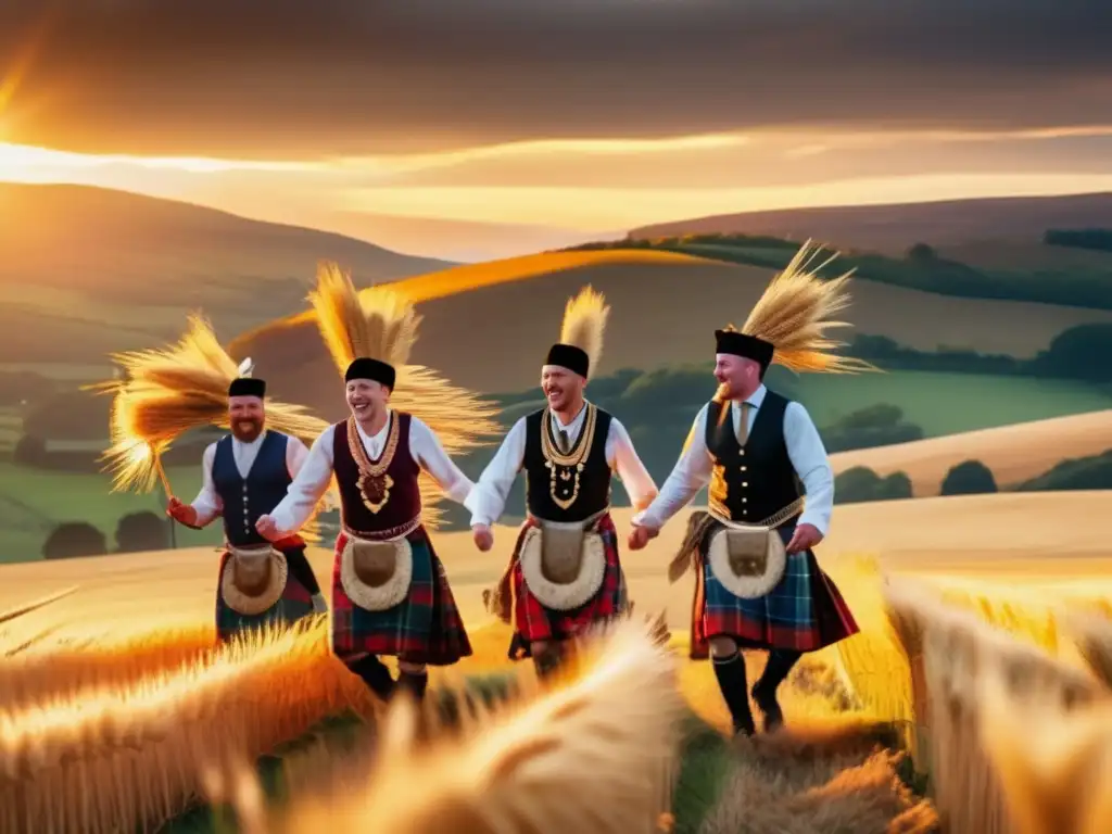 Un hermoso ritual de la cosecha en Escocia: lugareños danzando en un campo de trigo dorado al atardecer