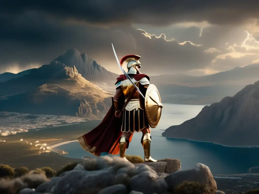 Un héroe griego en armadura reluciente frente a un paisaje mítico