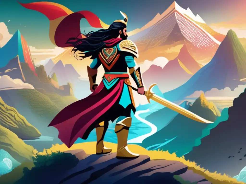 Un héroe legendario emprende un viaje épico, vestido con armadura regia y símbolos representativos de las Teorías Lord Raglan Héroe Historia Vidas