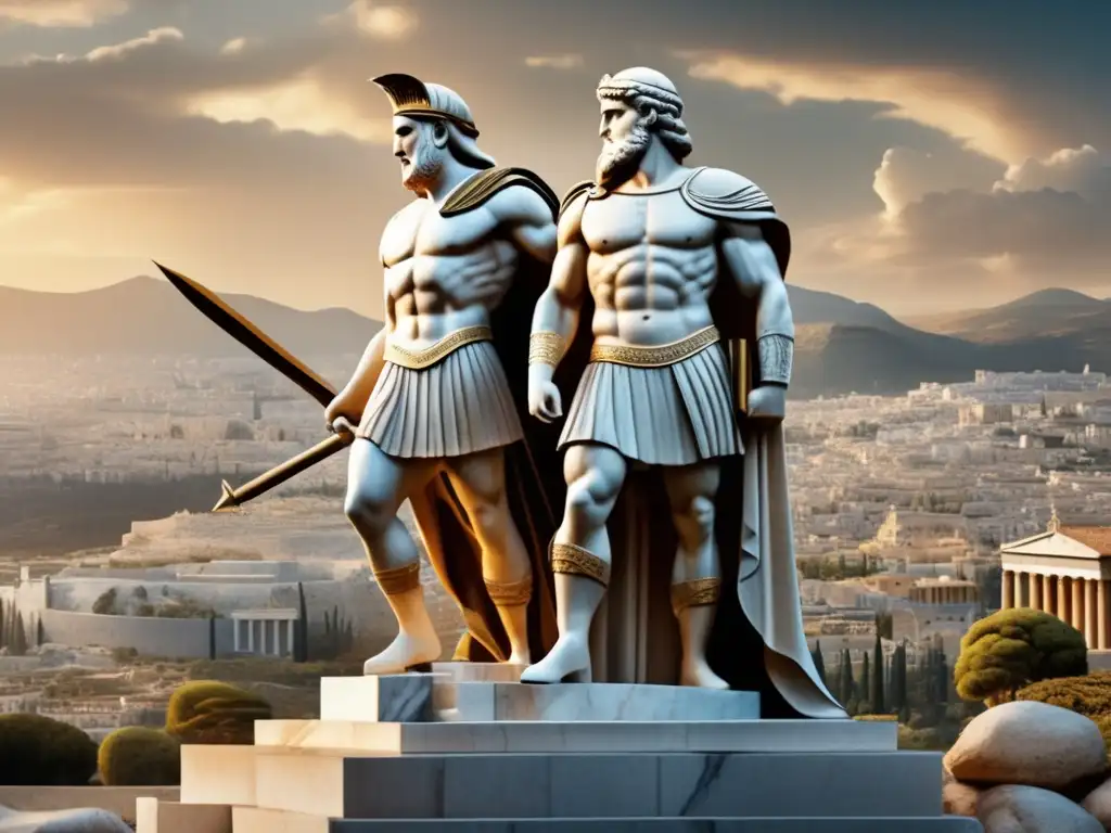 Dos héroes antiguos de la mitología griega, con armaduras y armas distintivas, se yerguen en una majestuosa ciudad antigua