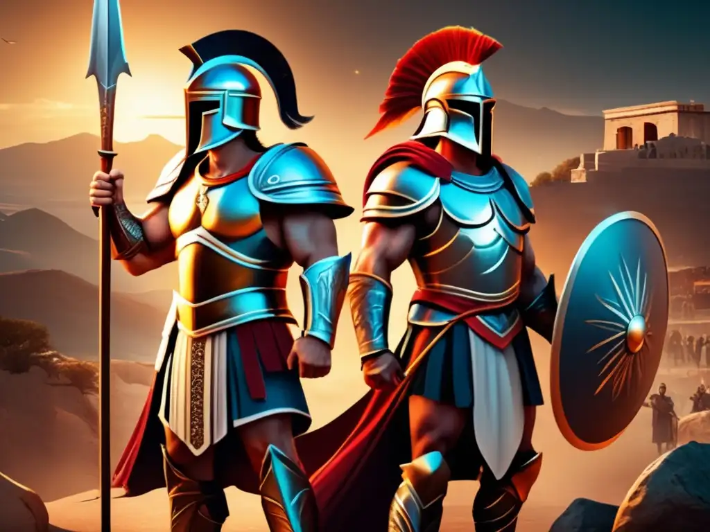 Dos héroes antiguos de vidas paralelas, uno griego y el otro romano, posan con sus armas en una ilustración digital detallada en 8k