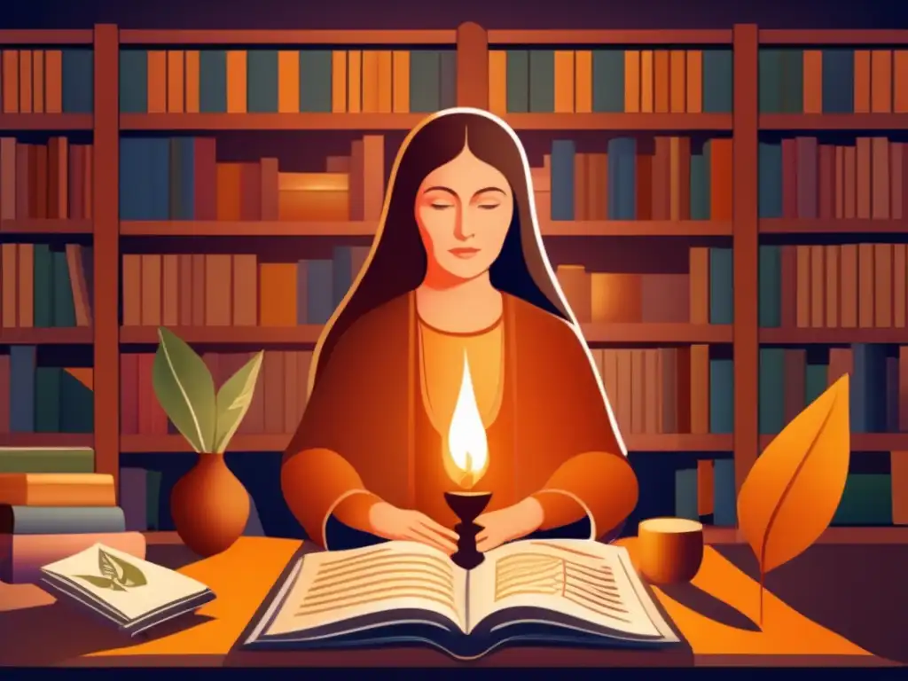Hildegard von Bingen componiendo en su estudio medieval Hildegard von Bingen componiendo en su estudio, rodeada de libros e instrumentos musicales