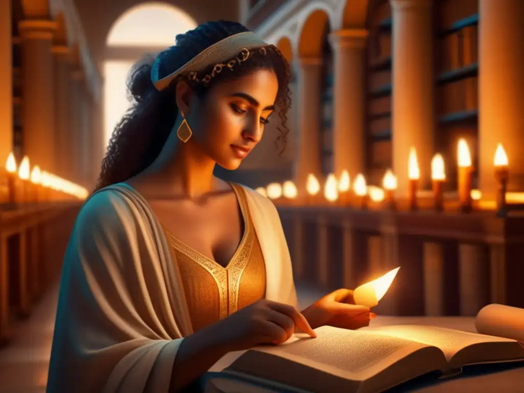 Hipatia estudia en la antigua Biblioteca de Alejandría, rodeada de instrumentos matemáticos, mientras la cálida luz ilumina su expresión concentrada