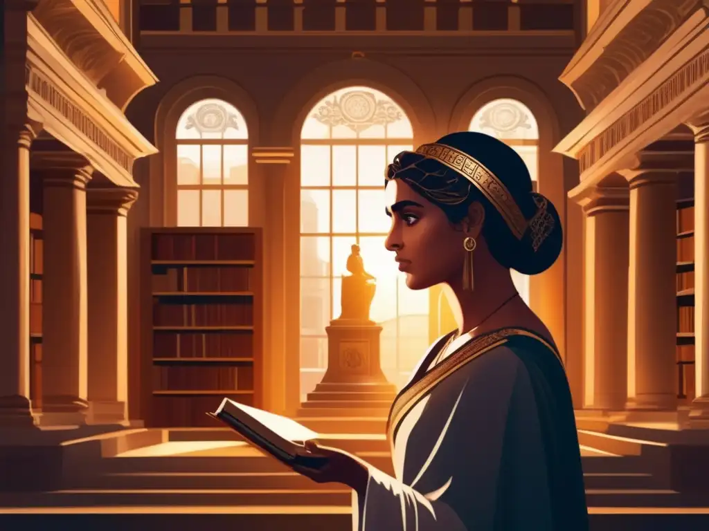 Hipatia de Alejandría, mártir de la ciencia y las creencias, irradia sabiduría en una majestuosa biblioteca llena de antiguos rollos y libros