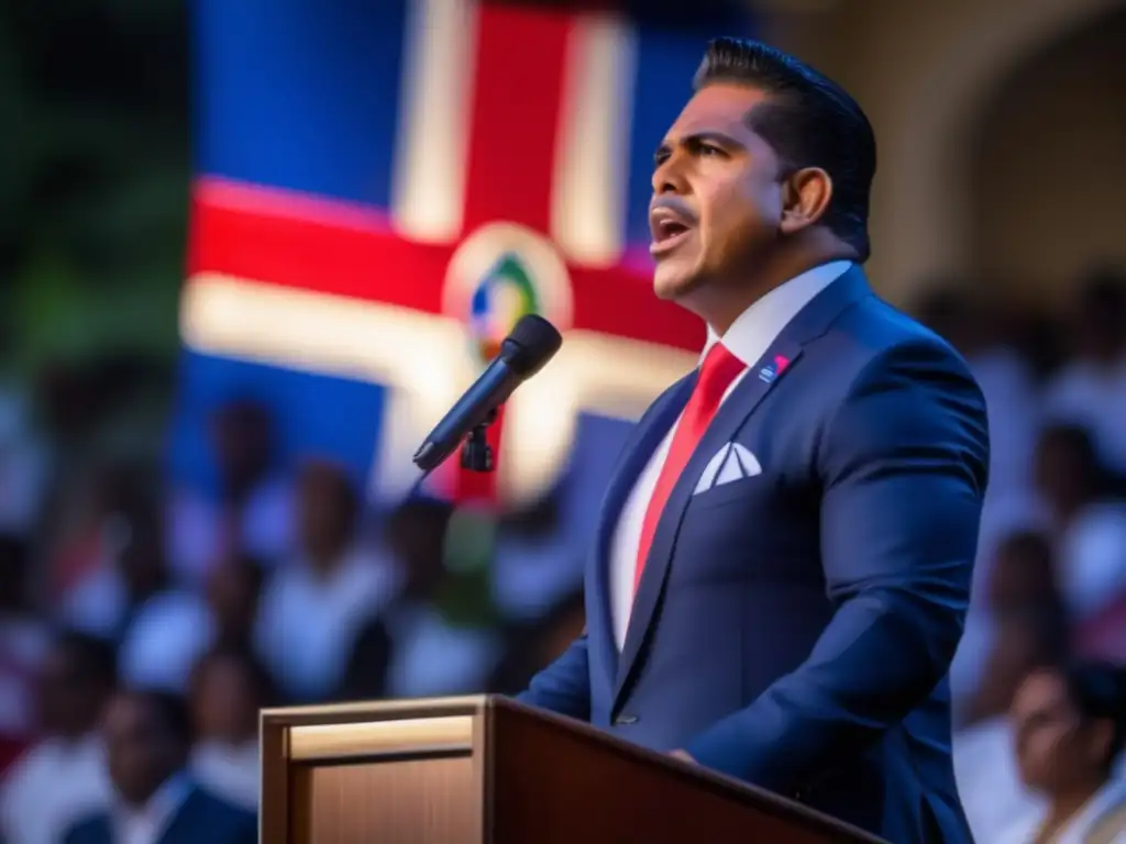 Hipólito Mejía entrega un discurso apasionado, con la bandera de la República Dominicana de fondo
