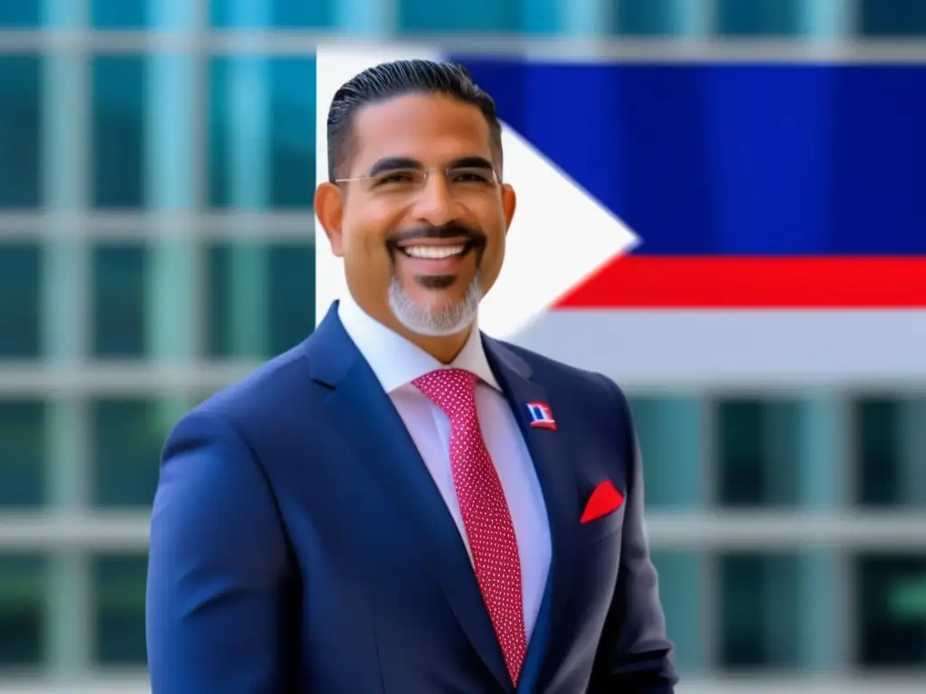 Hipólito Mejía, líder dominicano, sonríe frente a la bandera, reflejando su carisma y liderazgo