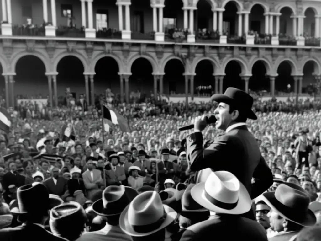 Hipólito Yrigoyen habla apasionadamente frente a una multitud en la Casa Rosada, capturando la energía de sus mítines políticos