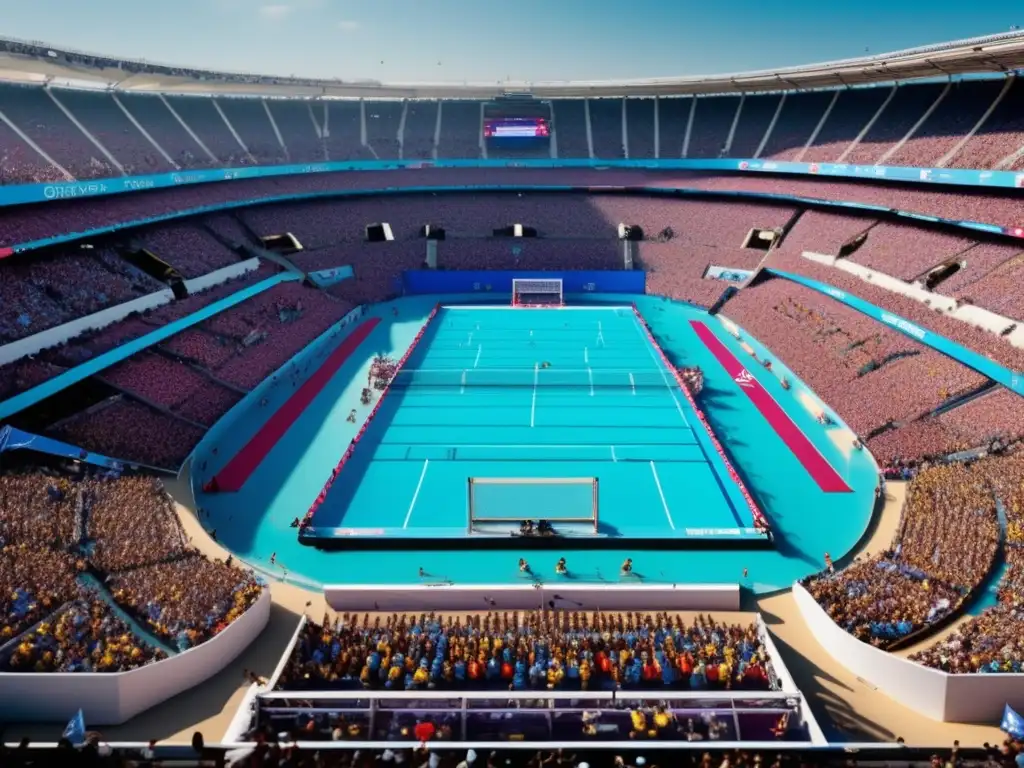 Historia de Dezső Gyarmati en waterpolo, vista aérea del estadio olímpico, energía y anticipación palpable