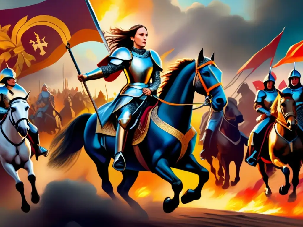 Joan of Arc, guerrera santa de la historia de Francia, lidera la carga en el campo de batalla, con armadura brillante y determinación en su rostro