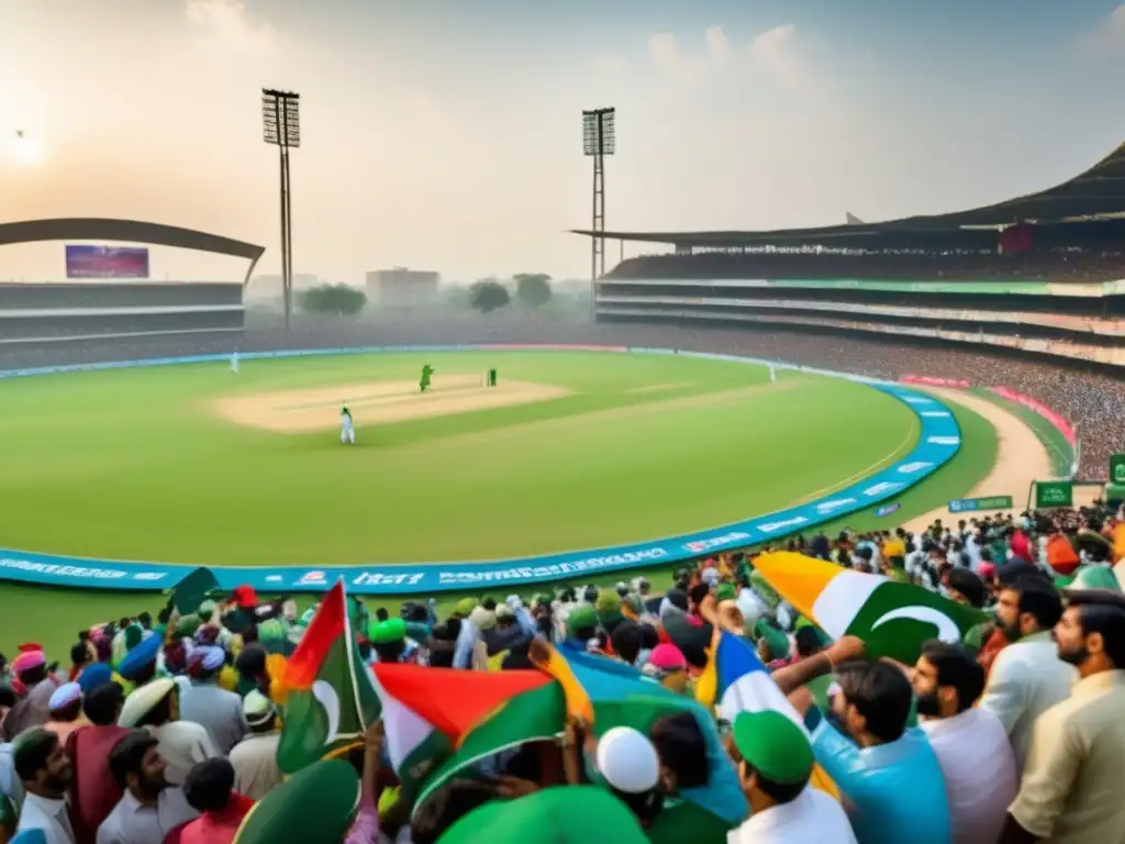 Historia de Imran Khan en el cricket, estadio lleno con Lahore de fondo, jugadores en acción y fans entusiastas