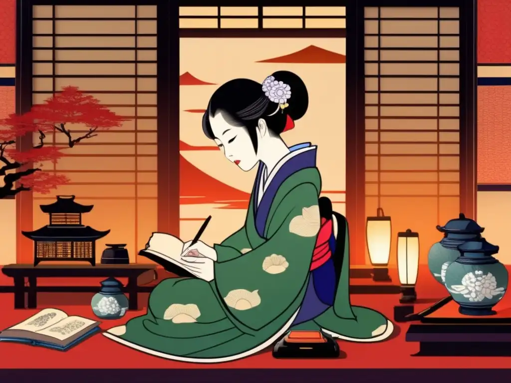 El legado de Murasaki Shikibu: Ilustración detallada y vibrante Murasaki Shikibu escribiendo La Historia de Genji en una habitación japonesa tradicional, rodeada de pergaminos y libros, con los personajes cobrando vida a su alrededor