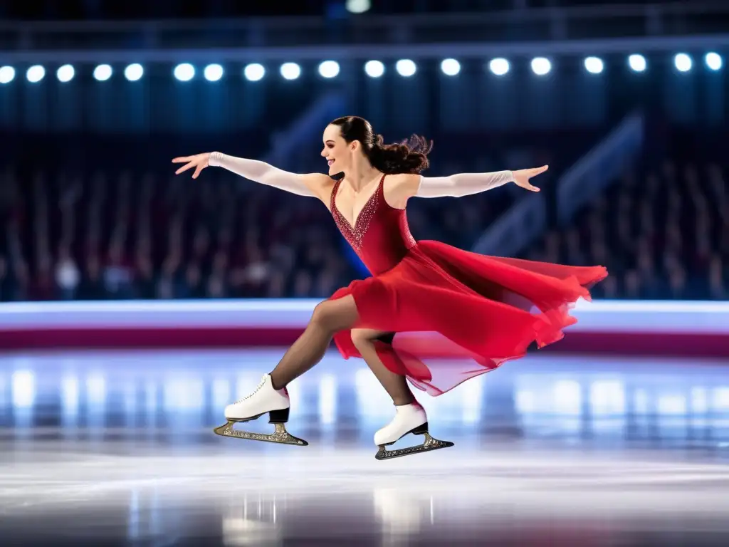 Historia de Tessa Virtue en el patinaje: Tessa Virtue en un elegante vestido rojo, deslizándose graciosamente sobre el hielo